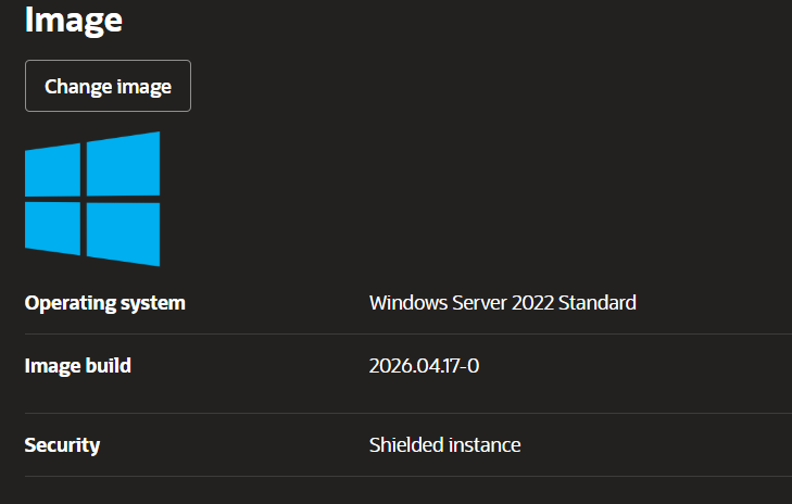 Oracle instance creation showing the image changed from Oracle Linux to Windows Server 2022 Standard